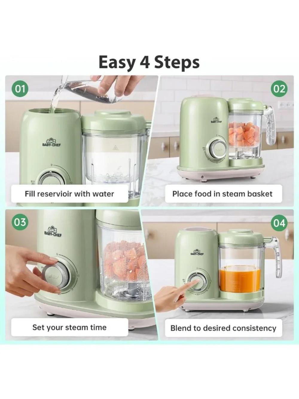 4-in-1 Baby Food Maker & Steamer, Puree Blender, Dishwasher Safe, Green